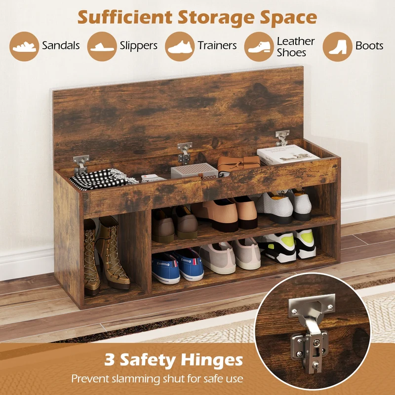 Padded Shoe Bench With Hidden Storage, 3 Open Shelves, Coffee