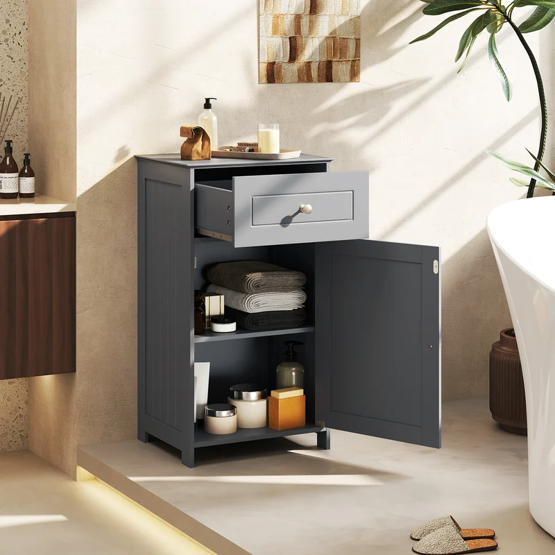 Single Door Bathroom Cabinet, Adjustable Shelf And Drawer, Gray