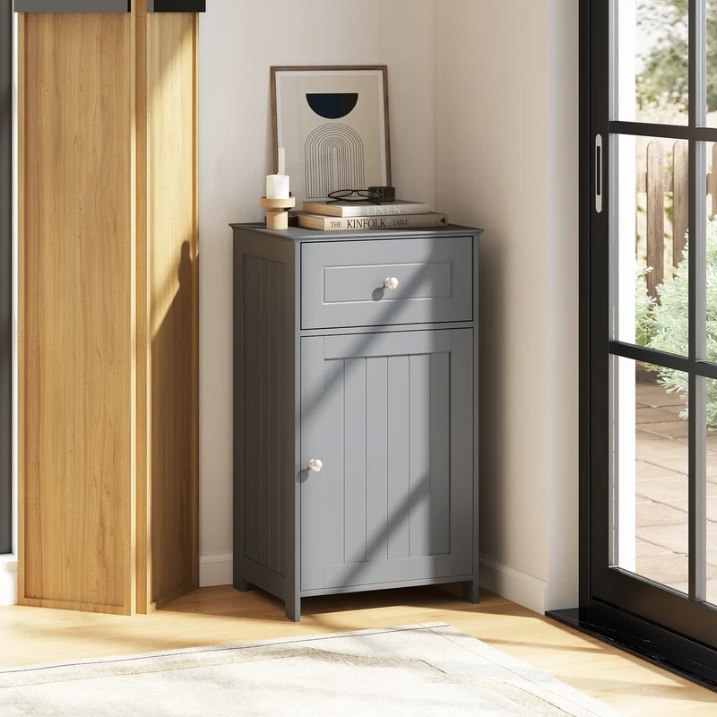 Single Door Bathroom Cabinet, Adjustable Shelf And Drawer, Gray