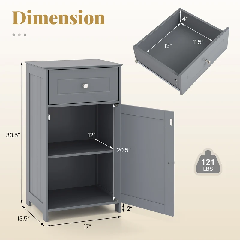 Single Door Bathroom Cabinet, Adjustable Shelf And Drawer, Gray