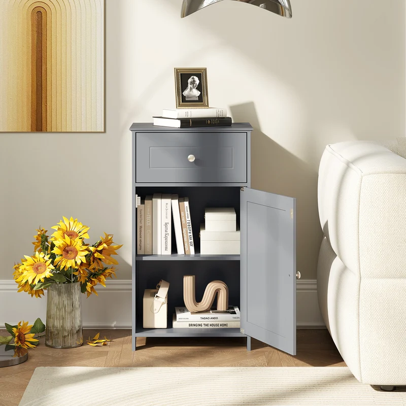 Single Door Bathroom Cabinet, Adjustable Shelf And Drawer, Gray