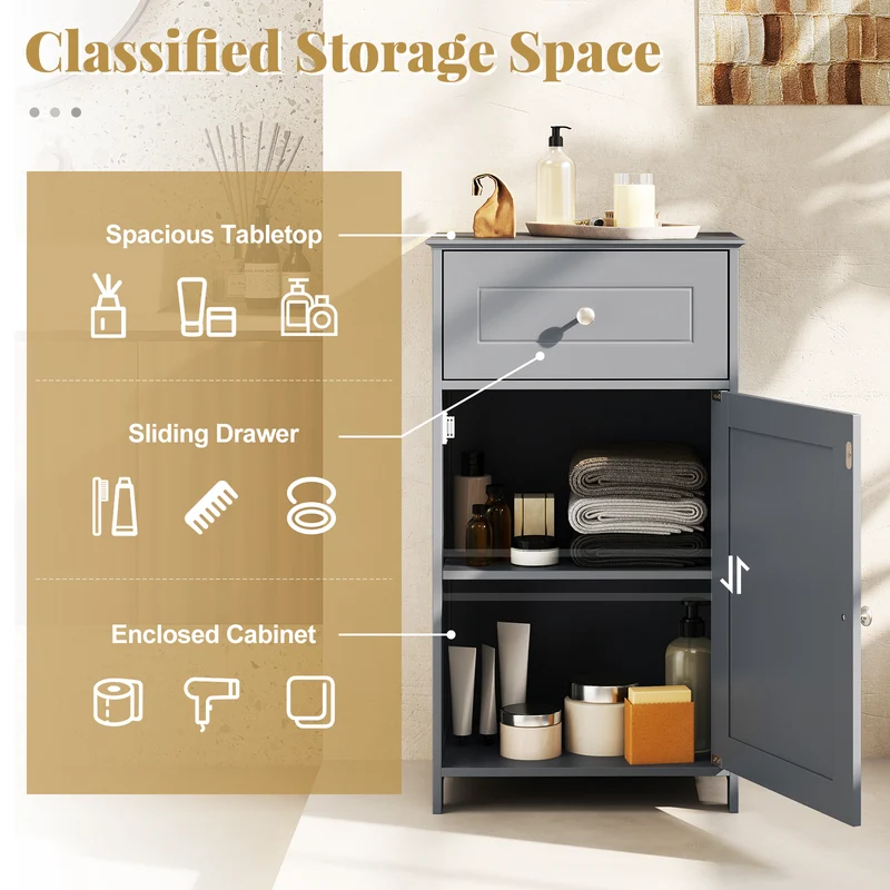 Single Door Bathroom Cabinet, Adjustable Shelf And Drawer, Gray
