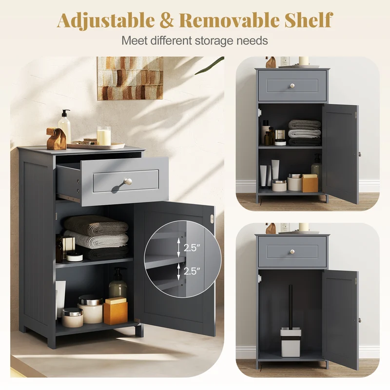 Single Door Bathroom Cabinet, Adjustable Shelf And Drawer, Gray
