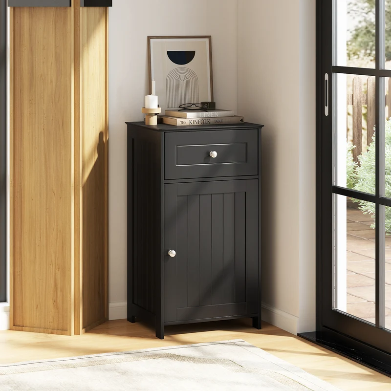 Single Door Bathroom Cabinet, Adjustable Shelf, Drawer, Black