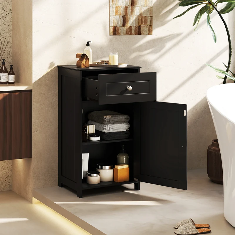 Single Door Bathroom Cabinet, Adjustable Shelf, Drawer, Black