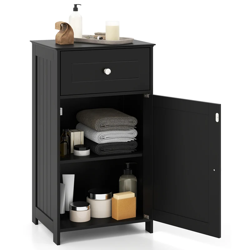 Single Door Bathroom Cabinet, Adjustable Shelf, Drawer, Black