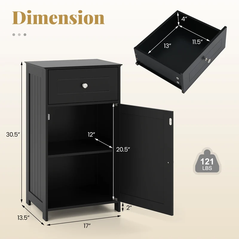 Single Door Bathroom Cabinet, Adjustable Shelf, Drawer, Black