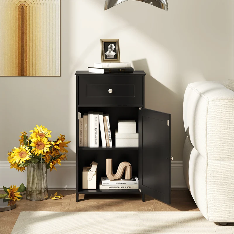 Single Door Bathroom Cabinet, Adjustable Shelf, Drawer, Black