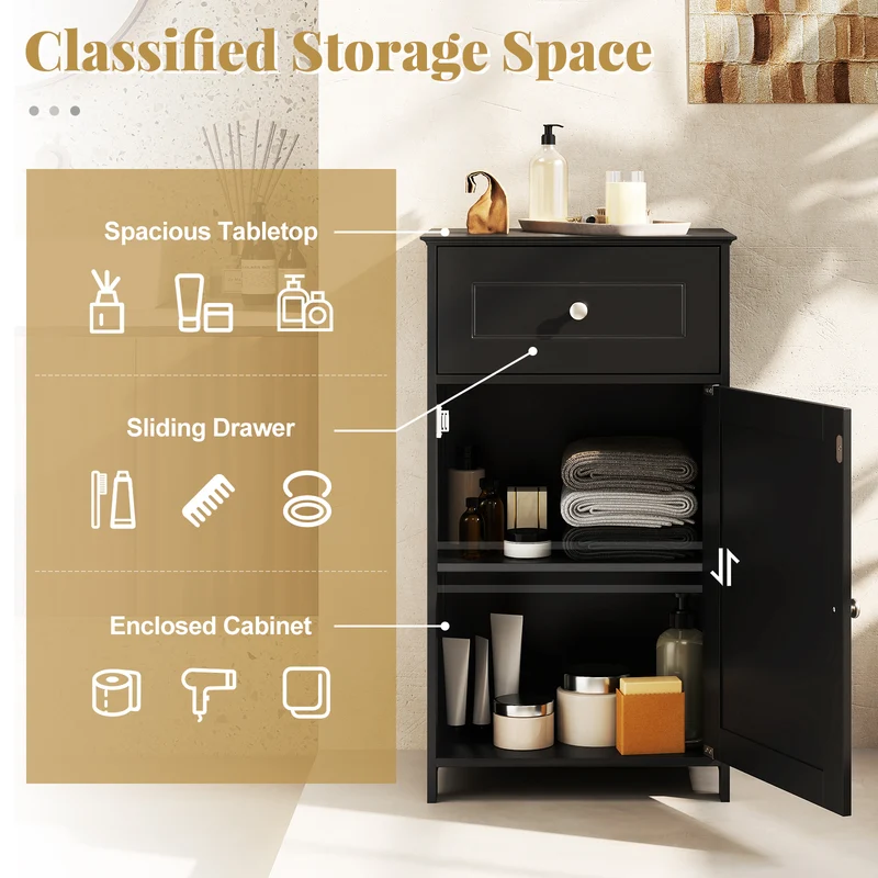 Single Door Bathroom Cabinet, Adjustable Shelf, Drawer, Black