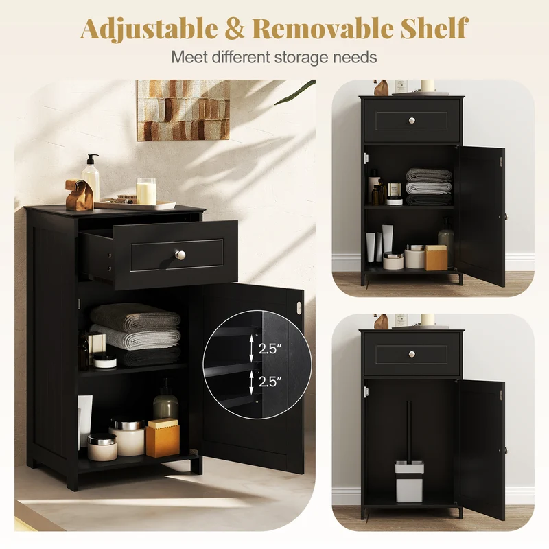 Single Door Bathroom Cabinet, Adjustable Shelf, Drawer, Black