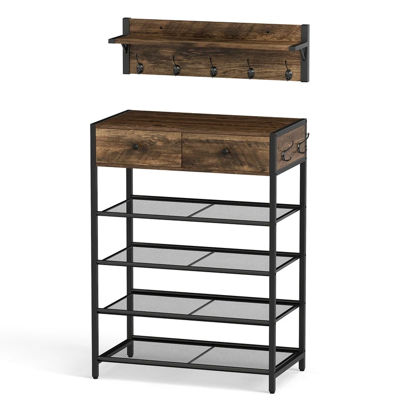 5-Tier Shoe Rack With Wall-Mounted Coat Hanger, Brown