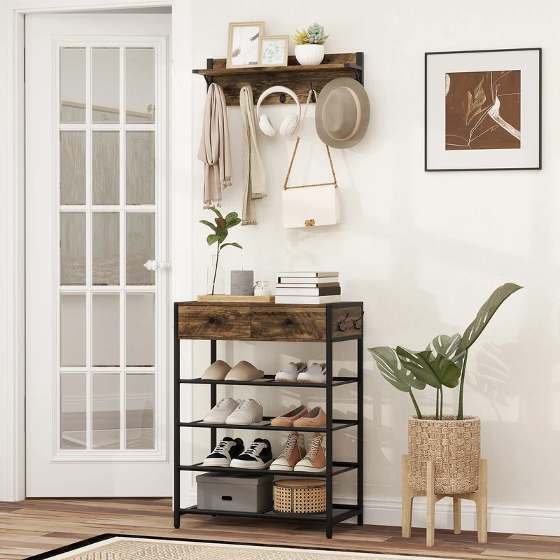 5-Tier Shoe Rack With Wall-Mounted Coat Hanger, Brown