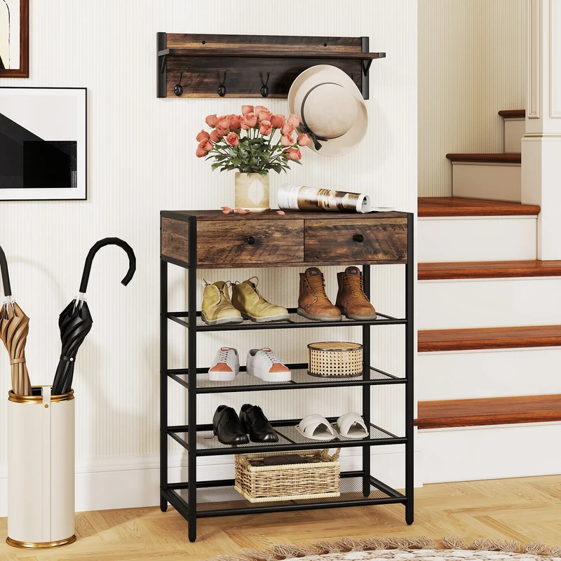 5-Tier Shoe Rack With Wall-Mounted Coat Hanger, Brown