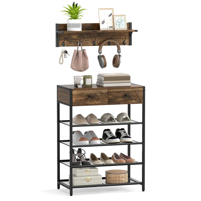 5-Tier Shoe Rack With Wall-Mounted Coat Hanger, Brown