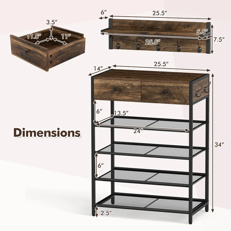 5-Tier Shoe Rack With Wall-Mounted Coat Hanger, Brown