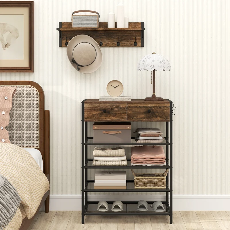 5-Tier Shoe Rack With Wall-Mounted Coat Hanger, Brown