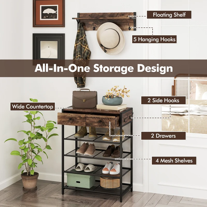 5-Tier Shoe Rack With Wall-Mounted Coat Hanger, Brown