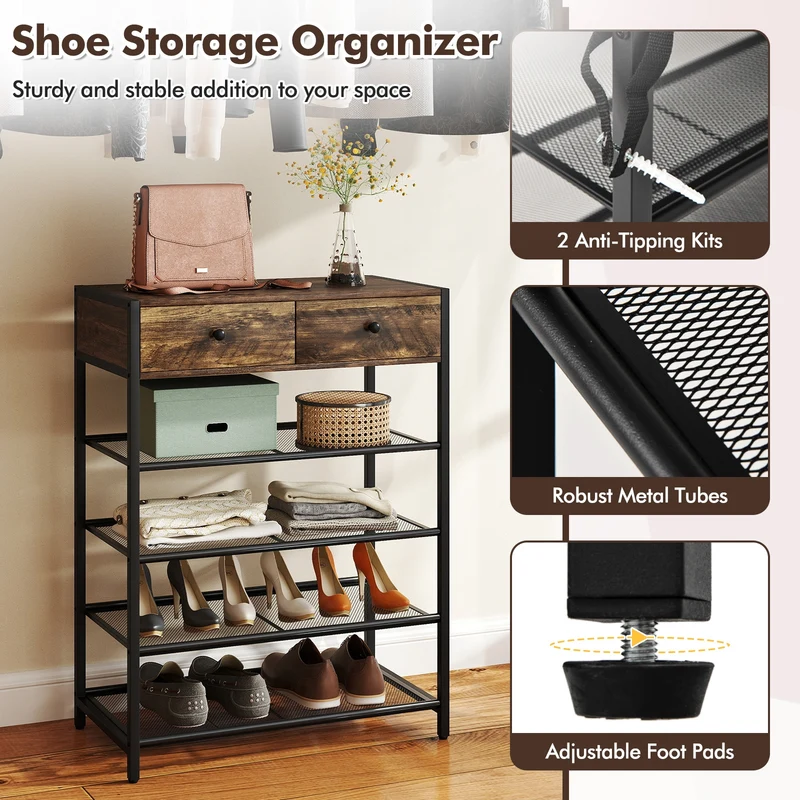 5-Tier Shoe Rack With Wall-Mounted Coat Hanger, Brown