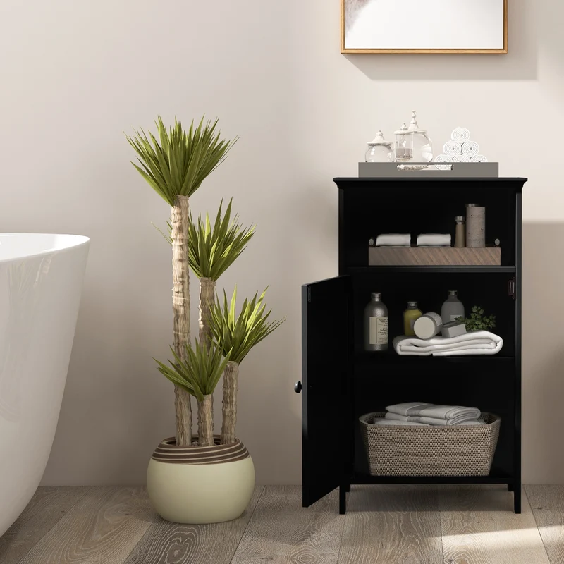 Freestanding Bathroom Floor Storage Cabinet, Adjustable Shelf, Black