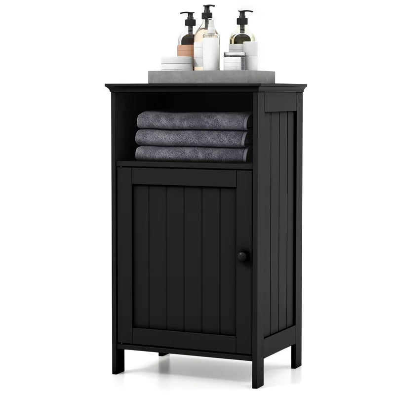 Freestanding Bathroom Floor Storage Cabinet, Adjustable Shelf, Black
