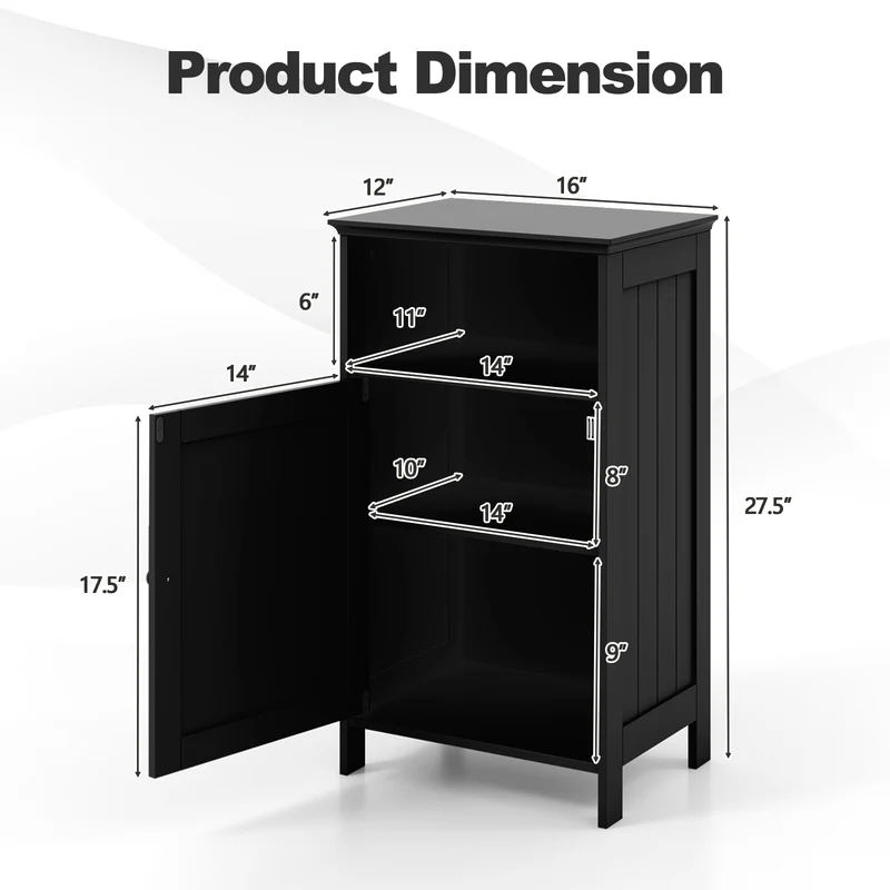 Freestanding Bathroom Floor Storage Cabinet, Adjustable Shelf, Black