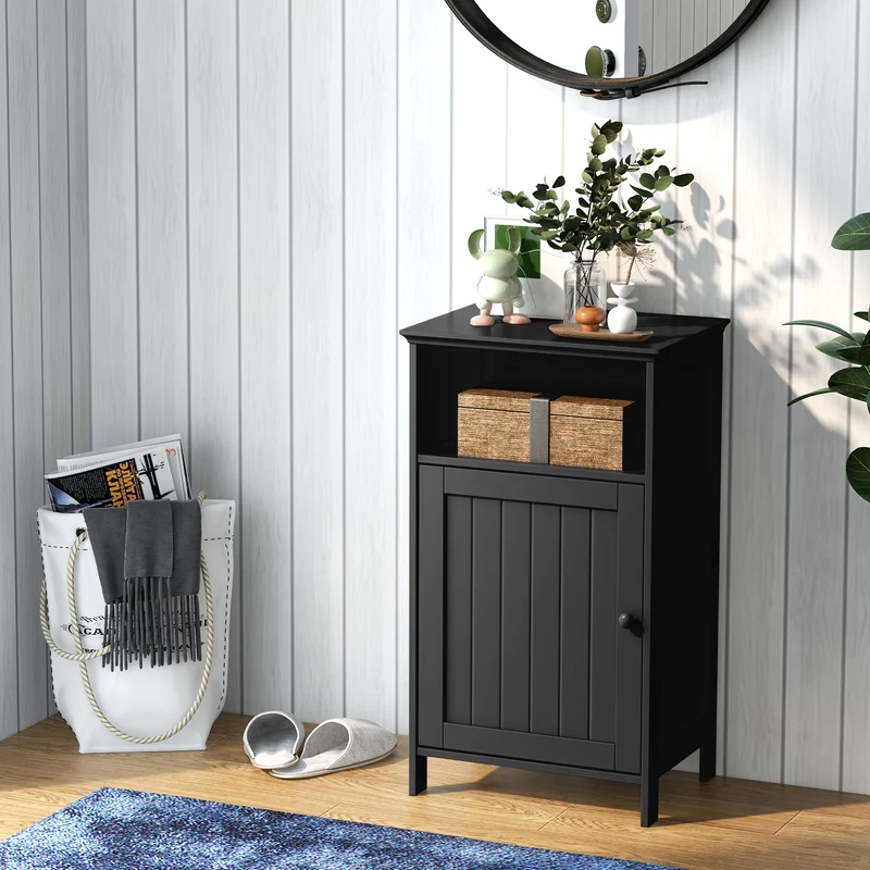 Freestanding Bathroom Floor Storage Cabinet, Adjustable Shelf, Black