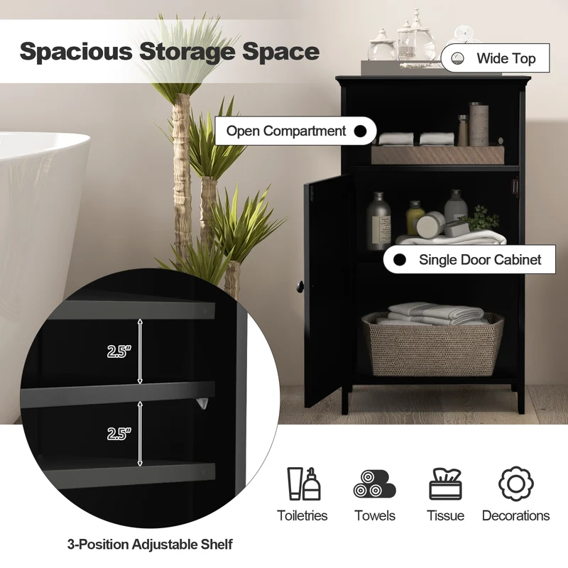 Freestanding Bathroom Floor Storage Cabinet, Adjustable Shelf, Black