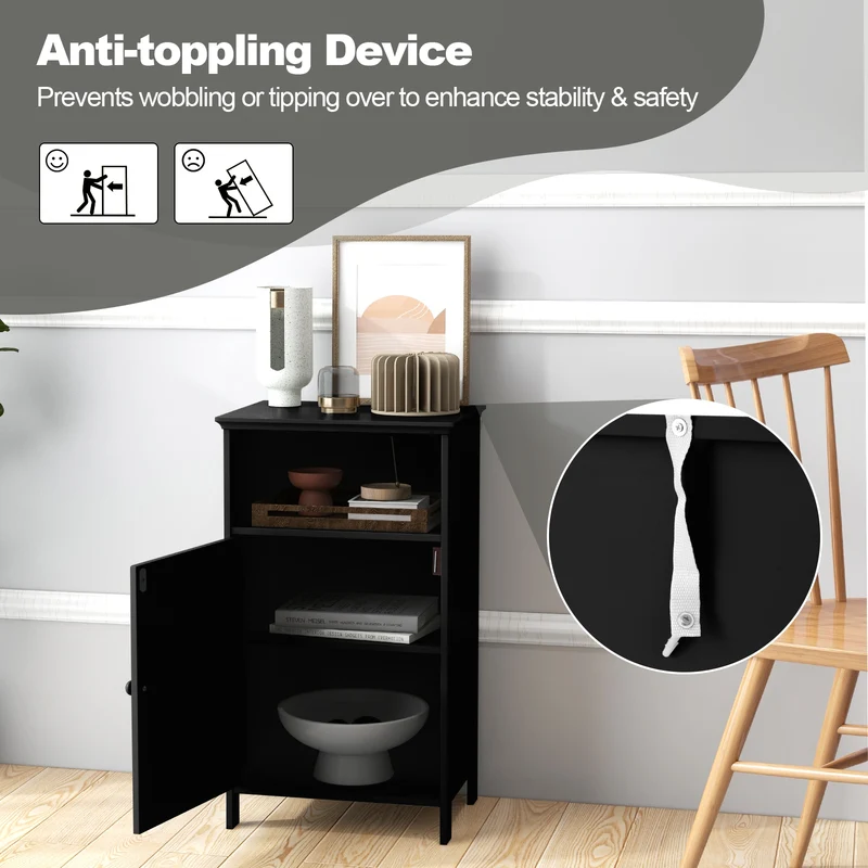 Freestanding Bathroom Floor Storage Cabinet, Adjustable Shelf, Black