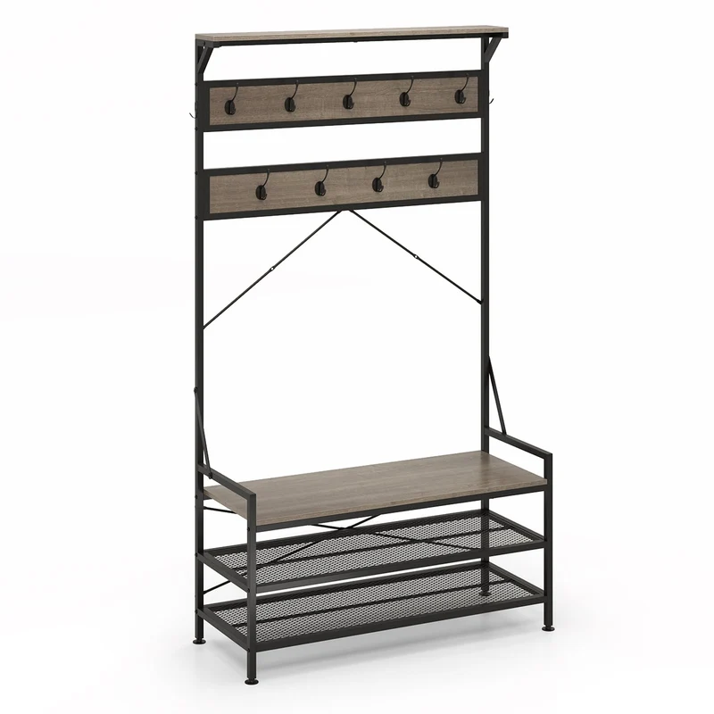 Coat Rack Hall Tree, 11 Hooks Shoe Bench, Gray