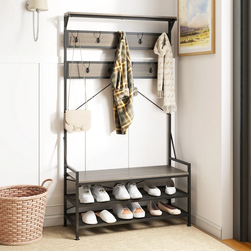 Coat Rack Hall Tree, 11 Hooks Shoe Bench, Gray