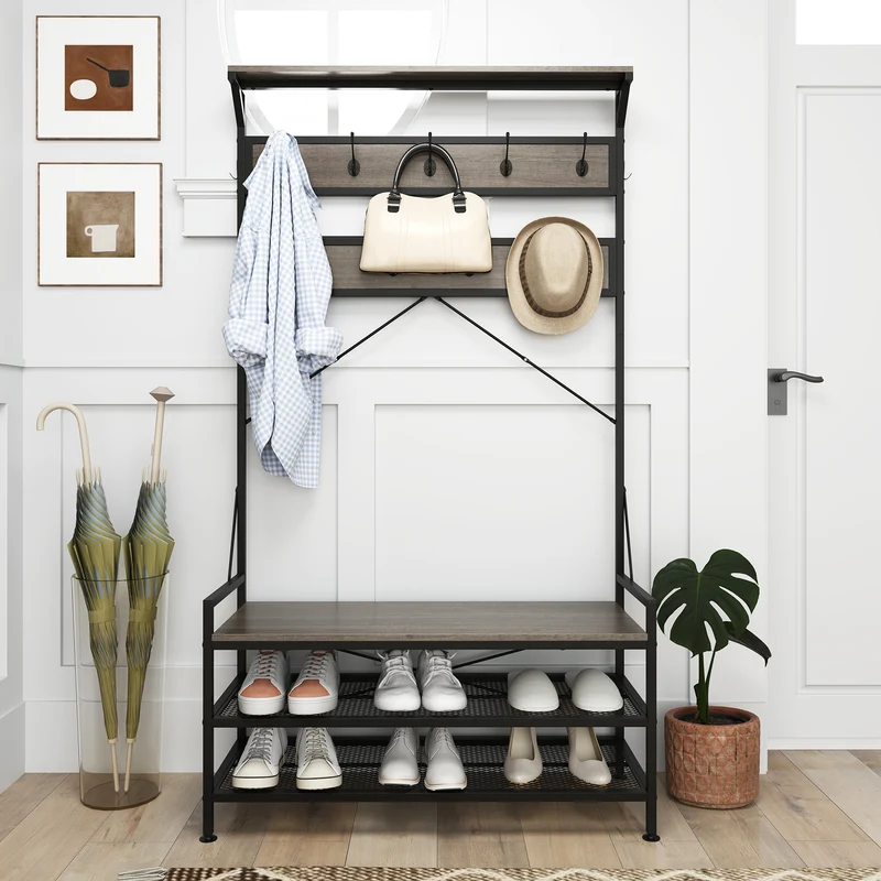 Coat Rack Hall Tree, 11 Hooks Shoe Bench, Gray