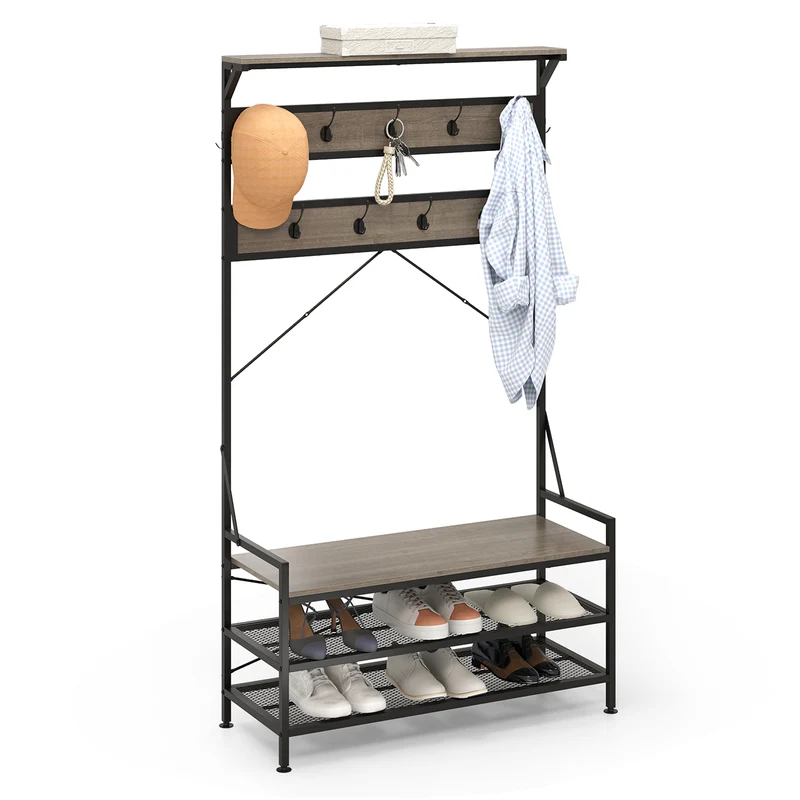 Coat Rack Hall Tree, 11 Hooks Shoe Bench, Gray