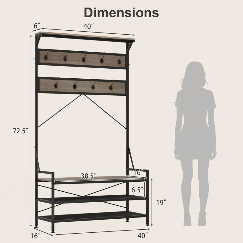 Coat Rack Hall Tree, 11 Hooks Shoe Bench, Gray