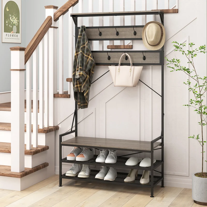 Coat Rack Hall Tree, 11 Hooks Shoe Bench, Gray