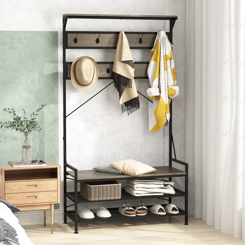 Coat Rack Hall Tree, 11 Hooks Shoe Bench, Gray