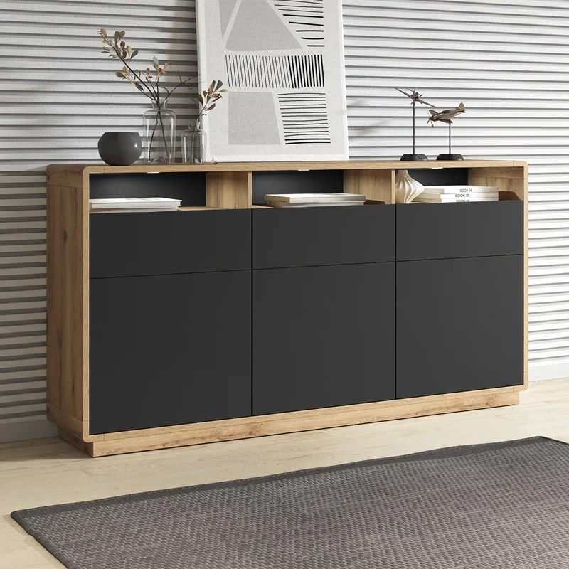 Buffet 3 portes 3 tiroirs Raven Noir et Bois