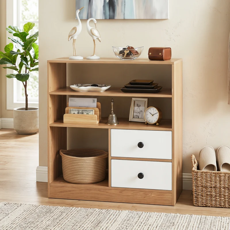 Open Storage Cabinet with 3 Open Compartments and 2 Drawer, Natural