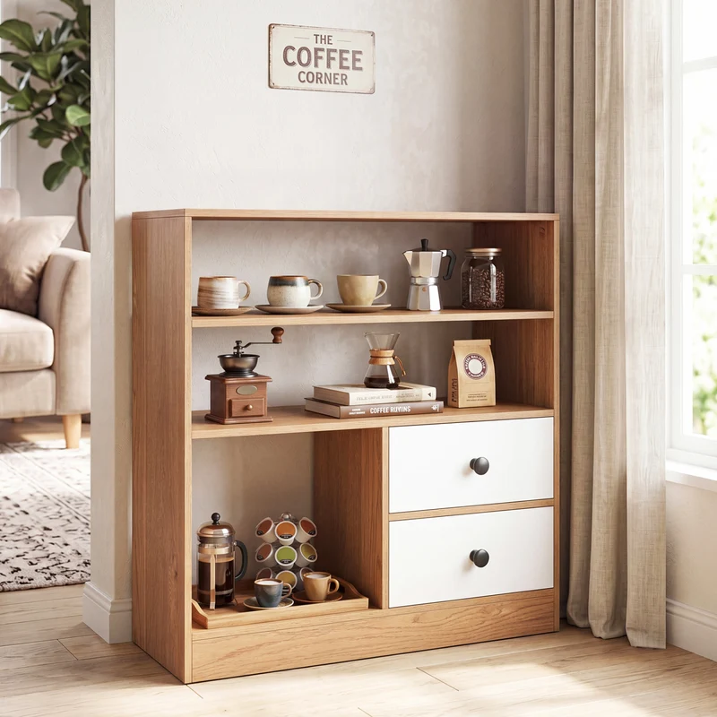 Open Storage Cabinet with 3 Open Compartments and 2 Drawer, Natural