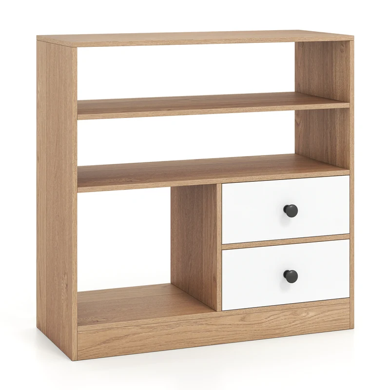 Open Storage Cabinet with 3 Open Compartments and 2 Drawer, Natural