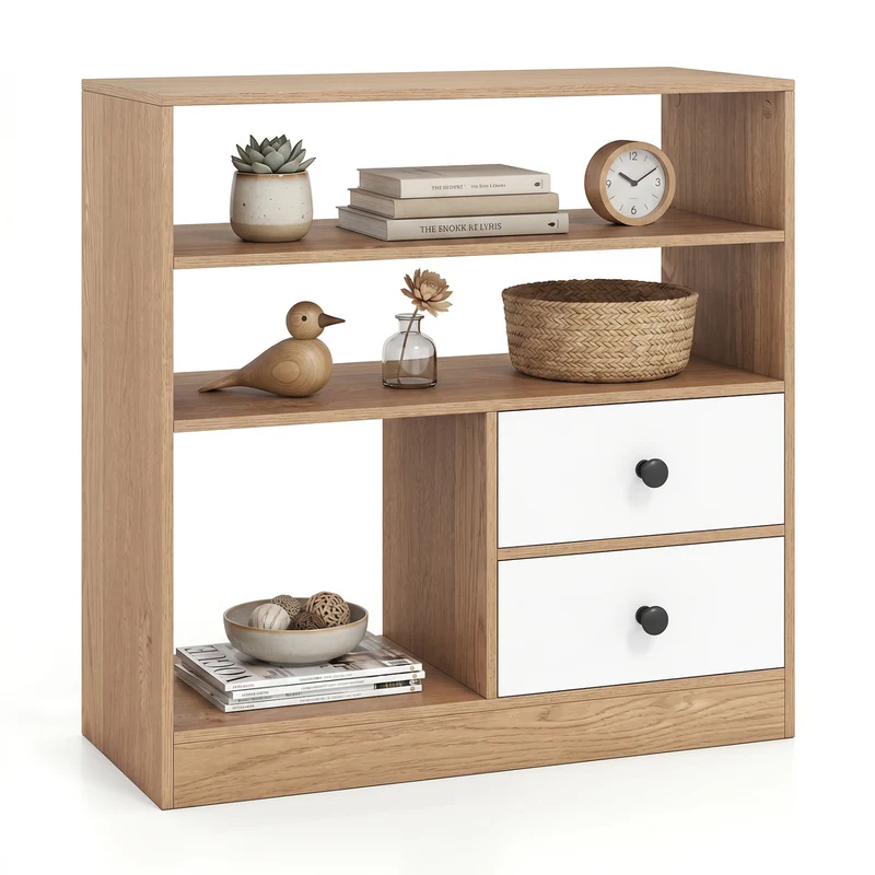 Open Storage Cabinet with 3 Open Compartments and 2 Drawer, Natural
