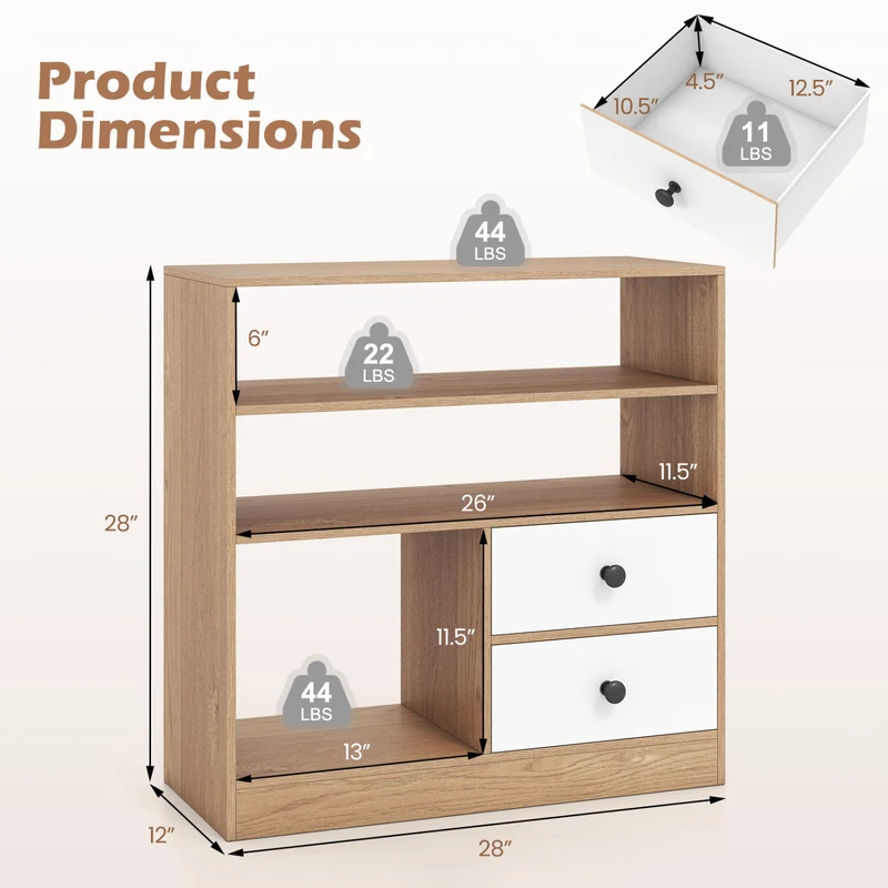 Open Storage Cabinet with 3 Open Compartments and 2 Drawer, Natural
