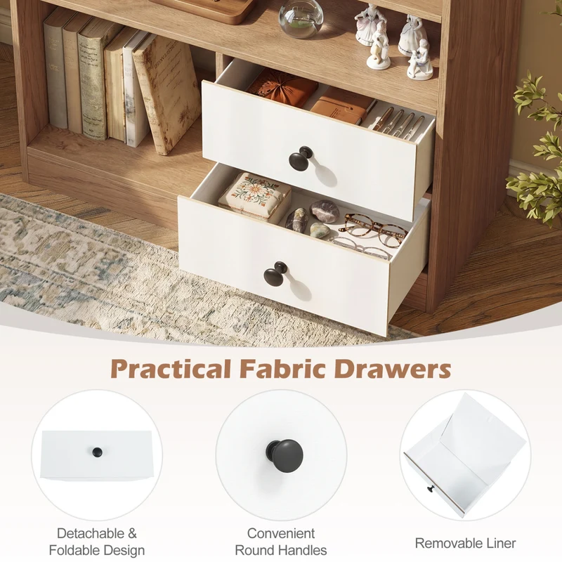 Open Storage Cabinet with 3 Open Compartments and 2 Drawer, Natural