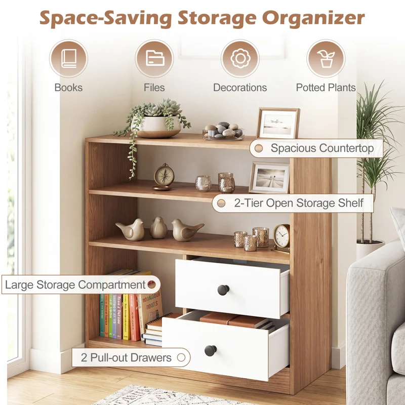 Open Storage Cabinet with 3 Open Compartments and 2 Drawer, Natural