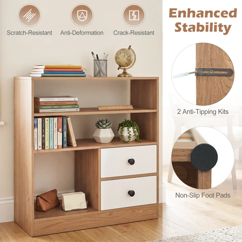 Open Storage Cabinet with 3 Open Compartments and 2 Drawer, Natural