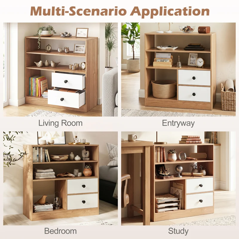 Open Storage Cabinet with 3 Open Compartments and 2 Drawer, Natural