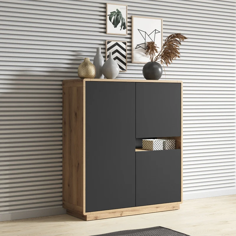 Buffet haut 3 portes Raven Noir et Bois