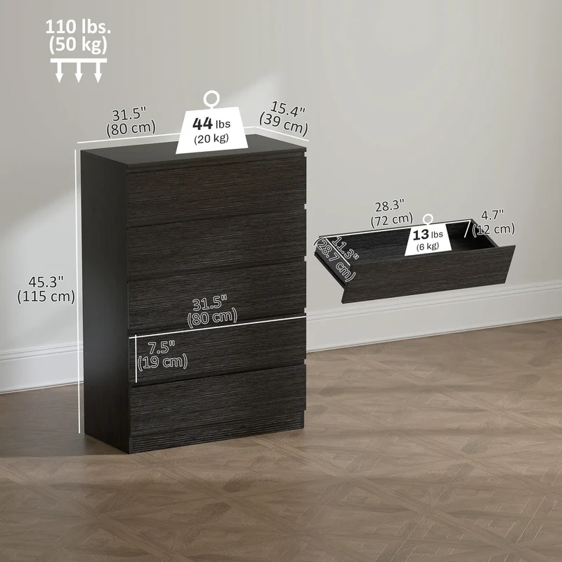 5 Drawer Dresser, Modern Chest for Bedroom, Black