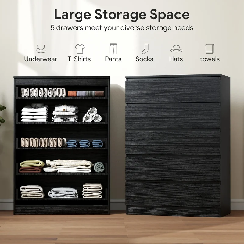 5 Drawer Dresser, Modern Chest for Bedroom, Black