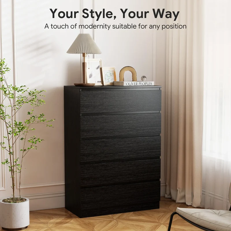 5 Drawer Dresser, Modern Chest for Bedroom, Black