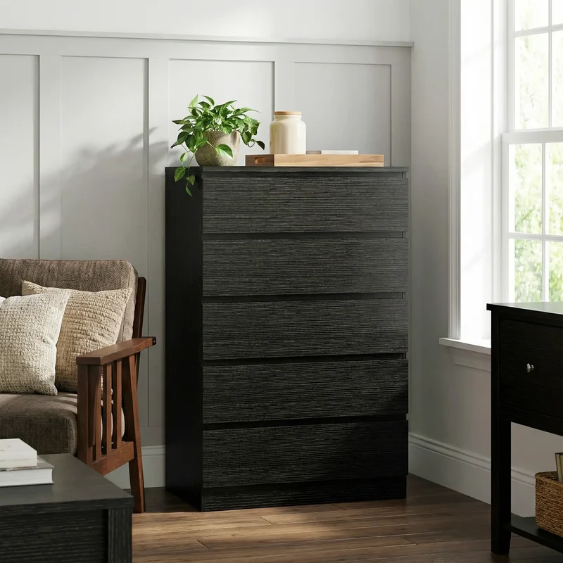 5 Drawer Dresser, Modern Chest for Bedroom, Black